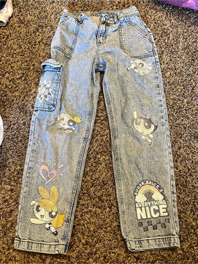 Justice Powerpuff Girls Denim Cargo Jeans Girls Size 14 Blue